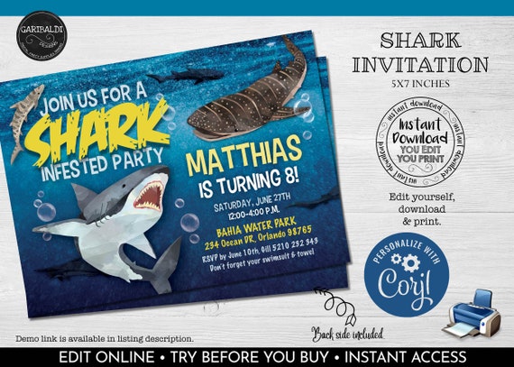 Editable Shark Birthday Party Invitation Printable Sharks | Etsy