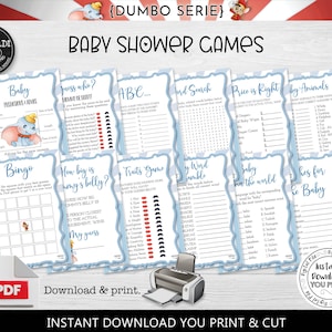 Instant Download Baby Dumbo Baby Shower Games Baby Bingo The Price is Right Guess Who ABC Word Search  Wishes Animals Traits Elephant DCHM