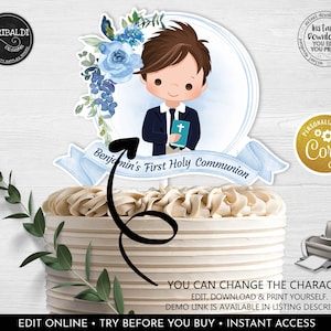 First Communion Cake Topper Editable First Communion Centerpieces Template Printable Blue Flowers First Holy Communion Party Decorations FC