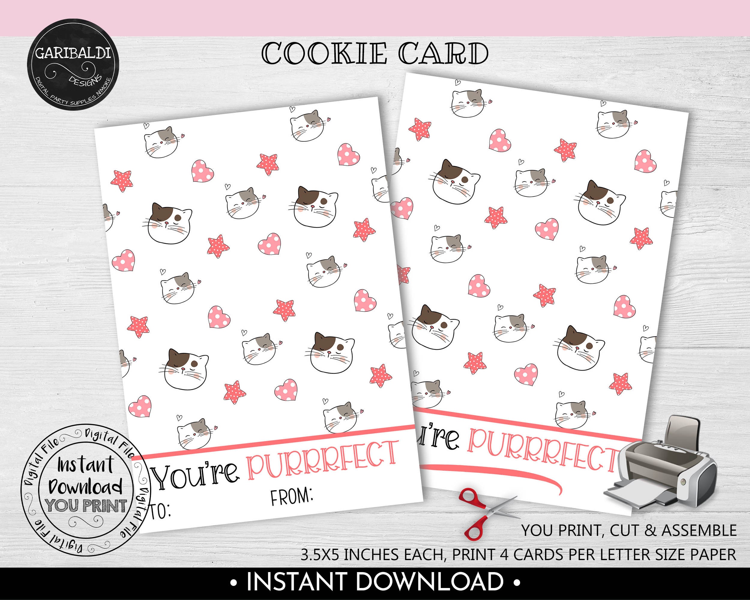 Valentine's Day Cookie Card, You Are Purrrfect Cat Cookie Card, Instant download Valentine Cookie Tag, Printable Mini Cookie Cat Card VL