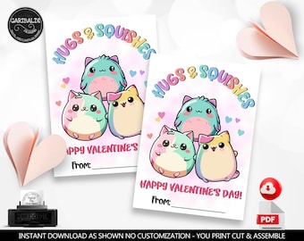 Squish Valentine's Day Cards Hugs and Shishes Valentines Gift Tags Classroom School Kids Valentines Day Squish Toy Tags Instant Download VL