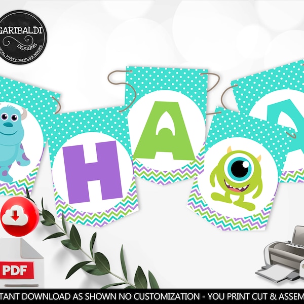 Monsters Banner Happy Birthday Bunting Banner Monsters Birthday Party Supplies Monster Party Printable Decorations Digital Download DMI