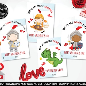 Tarjetas imprimibles para el día de San Valentín Dragones y caballeros Día de San Valentín Escuela Maestro Aula Intercambio Tarjetas para niños Etiquetas de San Valentín VL