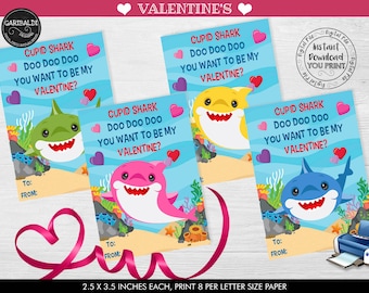 Instant download Cute Shark Valentines Day Cards Printable Valentines Kids Classroom Cards Valentine School Cards Valentine&#39;s Favor Tags VL