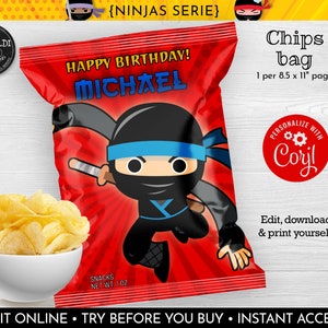 Editable Chip bag Template Ninja Chip Bags Wrapper Instant Download Birthday Party Supplies Printable Favors Wrappers Party Snacks 3 NJA