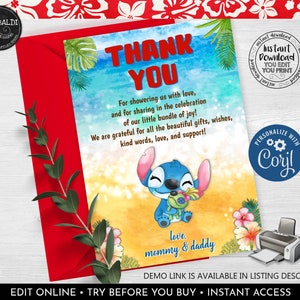 Editable Thank you card Baby Shower Cute Alien Thank you card Instant Download Hawaiian Baby Shower Thank you card Baby Shower Note Card LSW