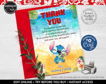 May include: A thank you card with a blue Stitch character from Lilo & Stitch holding a flower. The card has a watercolor background with a beach scene and the text "Thank You" in red. The text "love. mommy & daddy" is also included. The card is for a baby shower.