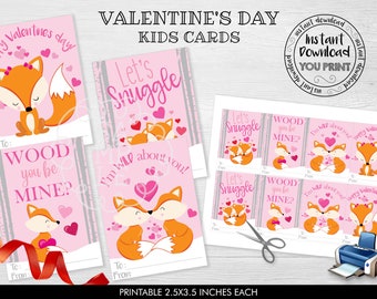 Printable Fox Valentine Cards,  Cute Fox Woodland Valentine Cards, Classroom Valentine Cards, Valentine's Day Cards, Valentine Favor Tags VL