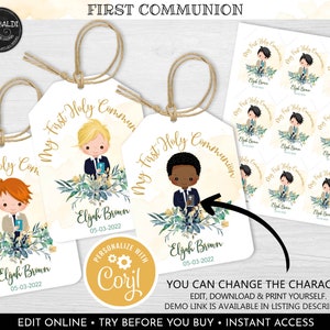 May include: First Holy Communion favour tags featuring a boy in a suit holding a bible. The tags are decorated with watercolour flowers and have the text "My First Holy Communion" in gold lettering. The tags are personalised with the name "Elijah Brown" and the date "05-03-2022".