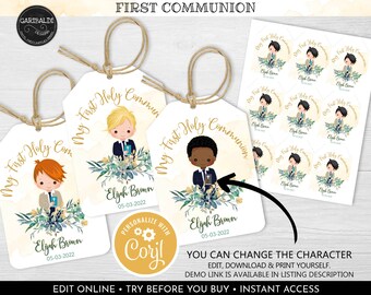 Editable First Holy Communion Favor Tag, Printable Boy First Communion Gift Tag, Instant download First Holy Communion Thank you Tags FC