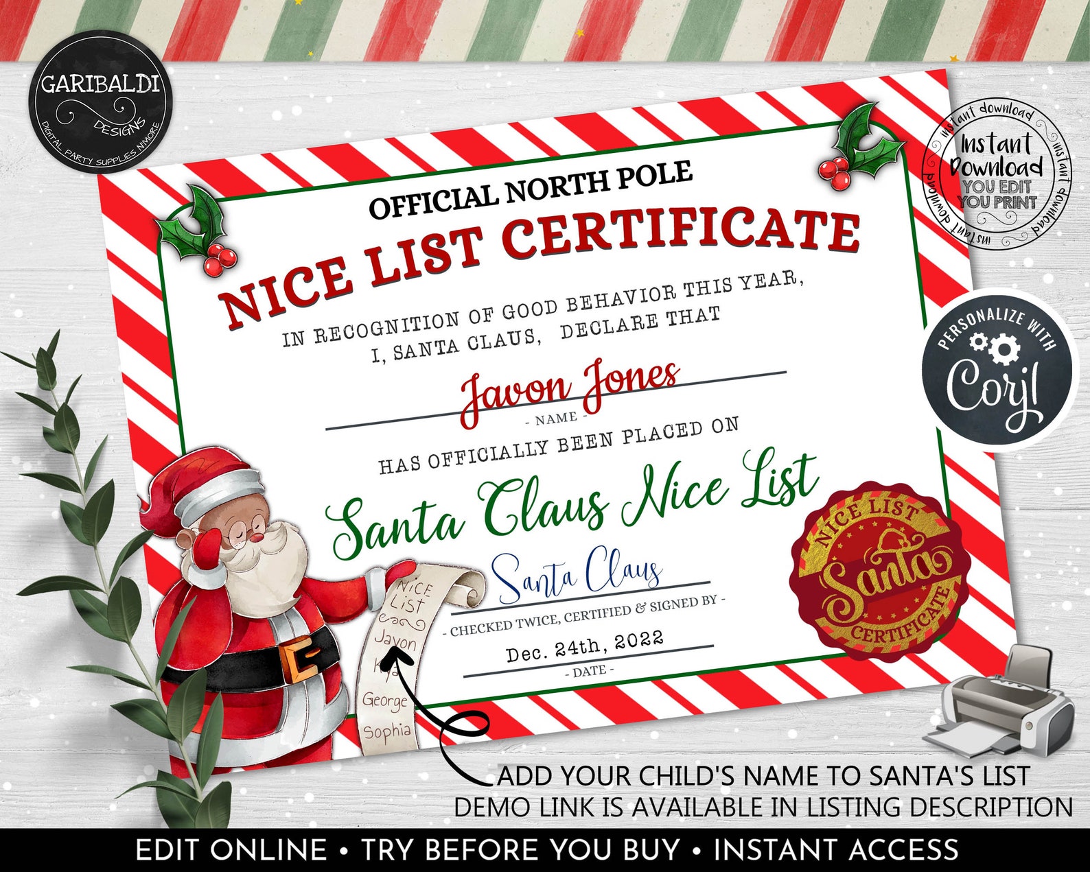 Editable Santa Claus Official Nice List Certificate Personalised Letter ...