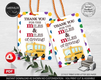 Instant Download Bus Driver Thank you Tags Printable School Bus Tags End of the year Bus Driver Gift tag Last day of School Favor Tag TA