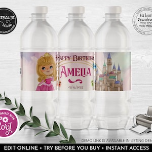 Editable Sleeping Beauty Water Bottle Labels Pink Princess Birthday Party Decorations Instant download Sleeping Beauty Party Favors SB