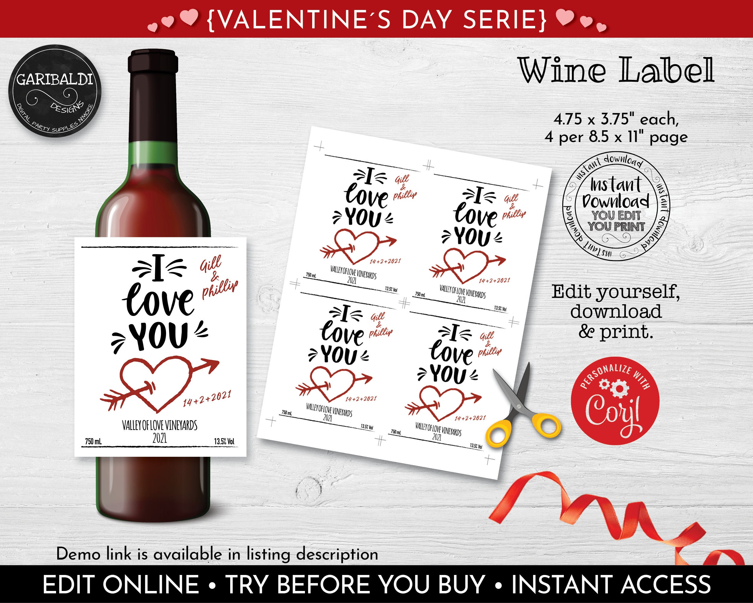 Editable Valentine Wine Labels, Instant download Wine Labels, Printable Valentine's Day Wine Bottle Labels, DIY Wine Bottle Labels 07 WBL VL