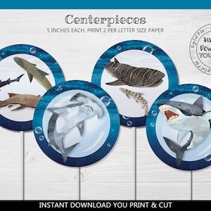 Printable Shark Centerpieces Shark Cake Topper Shark Decorations Shark Party Supplies, Shark Birthday Party DIY Shark Cake Topper SH01