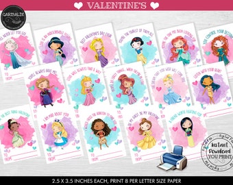 Peut inclure: Cartes de Saint-Valentin imprimables mettant en scène des princesses Disney. Chaque carte mesure 2,5 x 3,5 pouces et présente une princesse différente avec un message unique. Les cartes sont conçues pour être imprimées sur du papier au format lettre.