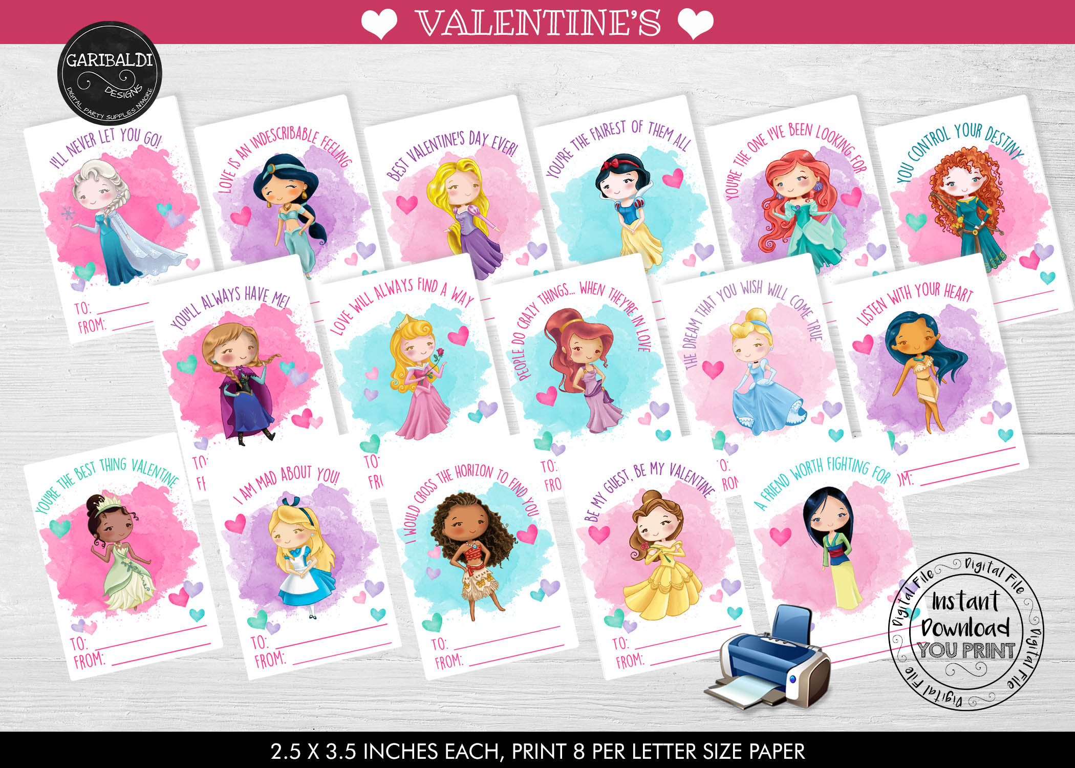 Printable Princess Valentine Cards Kids Valentine Cards School - Etsy
