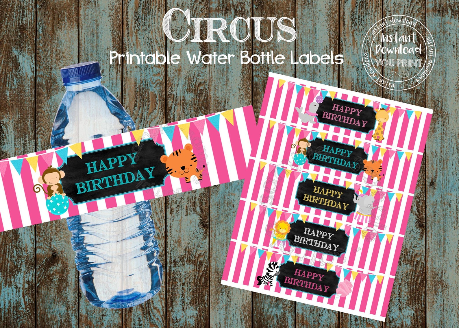 Pink Circus Water Bottle Labels Circus Printable Labels Circus | Etsy