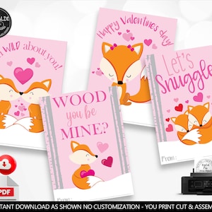 Druckbare Fuchs Valentinstag Karten, süße Fuchs Wald Valentinstag Karten, Klassenzimmer Valentinstag Karten, Valentinstag Gunsten Tags GL