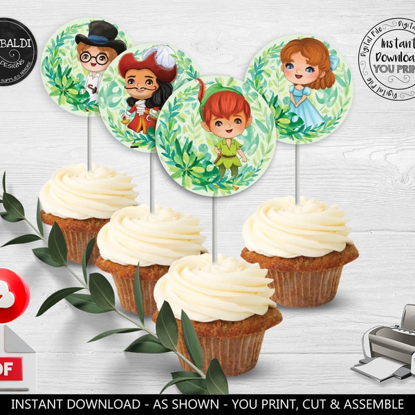 Peter Pan Cupcake Toppers Neverland Birthday Party Decorations Peter Pan Favor Tags Labels Stickers Digital Printable Instant Download PTP
