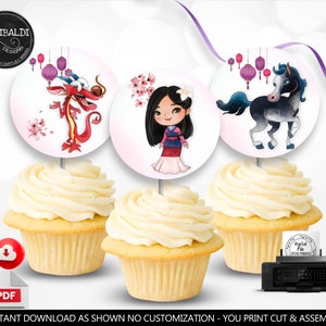 Mulan Cupcake Toppers Printable Mulan Labels Birthday Party Supplies Chinese Princess Decorations Favor Tags Stickers Instant Download DML