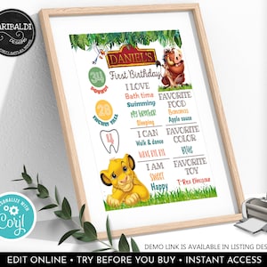 Editable Lion King Milestone Board Lion First Birthday Board Party Animals Safari Chalkboard Poster DIY Jungle Milestone Sign Download DLK