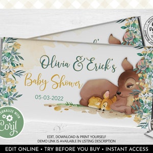 Puede incluir: Invitación de baby shower imprimible con una ilustración de acuarela de una cierva y un cervatillo con follaje verde y amarillo. El texto dice "Olivia & Erick's Baby Shower 05-03-2022".