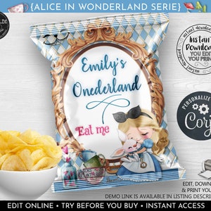 Editable Alice in Wonderland Chip Bag Wrapper Instant download Alice Onederland Potato Chip bag Template Wonderland Birthday Party Favor AWL