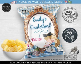 May include: A personalised chip packet design with an Alice in Wonderland theme. The packet features a cartoon illustration of Alice hugging a white rabbit, with the text "Emily's Onederland" and "Eat me". A bowl of crisps sits in front.