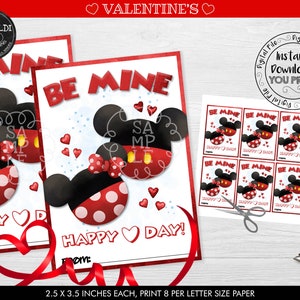Descarga instantánea Tarjetas del día de San Valentín Be Mine Valentine Etiquetas de regalo escolares Mickey y Minnie Tarjetas escolares de intercambio de clases del día de San Valentín VL