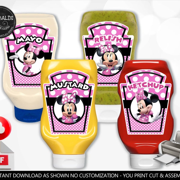 Minnie Condiment Labels Mayo Ketchup Mustard Relish Condiment Labels Minnie Mouse Birthday Party Supplies Decor Printable Download MPKD