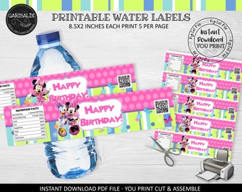 Pobierz natychmiast etykiety na butelki z wodą Minnie Bowtique do druku Etykiety na wodę z Minnie i Daisy Akcesoria na imprezę urodzinową Minnie BWQ