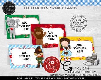 Editable Wizard of Oz Printable Food Labels, Wizard of Oz Place Cards, Printable Wizard of Oz Birthday Party Wizard of Oz Party Supplies WOZ