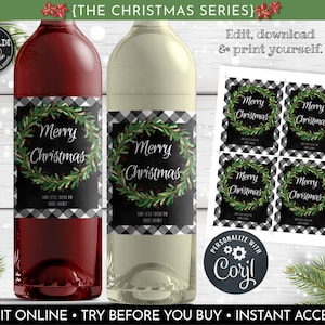 Instant Download Christmas Wine Labels, Editable Wine Labels, Printable Christmas Wine Bottle Labels, Holiday Wine Bottle Labels 03 WBL CH20