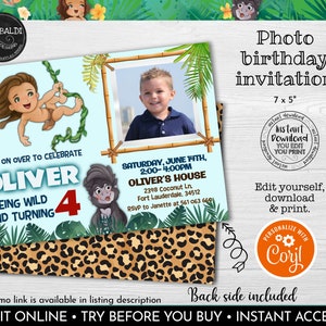 Editable Jungle Invitation, Printable Wild One Birthday Party Invitation Template, Instant download Wild Safari Birthday Party Invite 4 TZN