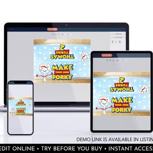 May include: A laptop, tablet, and smartphone displaying a digital party supply design featuring the text "THOMAS TURNS 2" and "MAKE YOUR OWN FORKY" with a cartoon character illustration on a light blue cloud background, including branding logos.