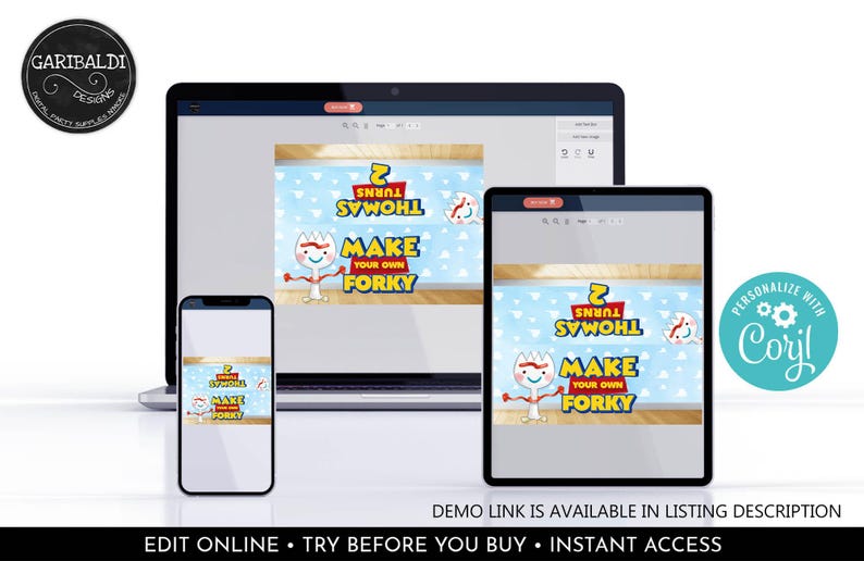 May include: A laptop, tablet, and smartphone displaying a digital party supply design featuring the text "THOMAS TURNS 2" and "MAKE YOUR OWN FORKY" with a cartoon character illustration on a light blue cloud background, including branding logos.