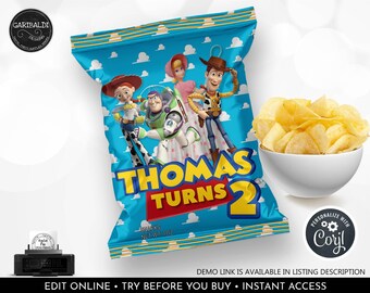 Editable Toy Story Chip Bag Wrapper Toy Story Birthday Party Chip Bag Template Cowboy Space Ranger Party Favors Supplies Corjl Template TS