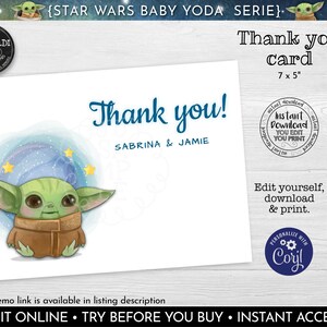 Editable Star Wars Thank you card, Baby Yoda Printable Thank you card, Instant Download Mando Baby Yoda Thank you card, Yoda Baby Shower MBY