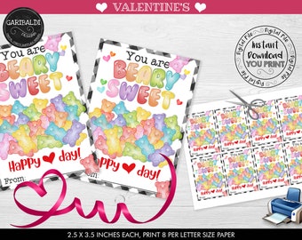 Printable Gummy Bears Valentine's day Cards, School Valentine's day Tag, Classroom Valentine Gift Tags, Beary Sweet Valentine's day Cards VL