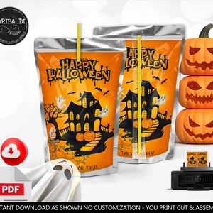 May include: Printable Halloween juice box labels featuring a black silhouette of a haunted house with orange pumpkins, bats, and ghosts. The text "Happy Halloween" and "Trick or Treat" are included on the labels.