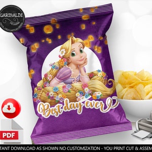 Rapunzel Chip Bag Wrapper Printable Tower Princess Chip Wrappers Instant Download Princess Rapunzel Party Favors Party Supplies Digital DTR