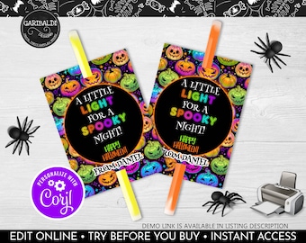 May include: Two printable Halloween party favor tags with glow sticks. The tags feature a black background with colorful pumpkins and the text "A Little Light for a Spooky Night!" with the option to personalize with a name.
