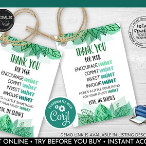 Editable Mint Thank you Tags, Printable Mint Tags, Volunteer Staff Nurse Employee Boss Co-worker Teacher Appreciation Mint Favor Tag 2 TA