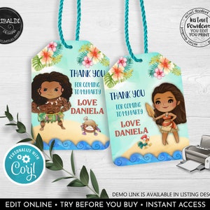 Editable Moana Favor Tags Printable Maui Tags Instant download Gift Labels Hawaiian Luau Polynesian Birthday Party Decor Corjl Template MOA
