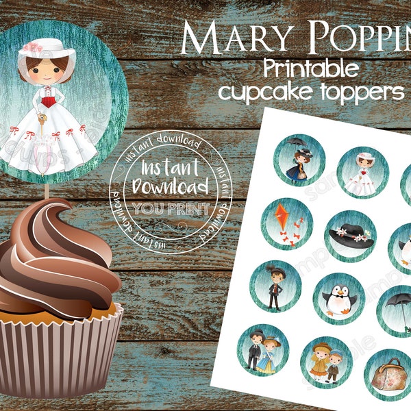 Printable Mary Poppins Cupcake Toppers,  Mary Poppins Party Supplies, Mary Poppins Birthday Party Decorations, Mary Poppins Party Favors