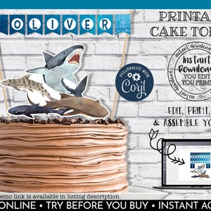 Editable Shark Cake Topper, Printable Shark Birthday Cake Topper, Shark Party Decorations. Instant Download Shark Cake Topper SH01