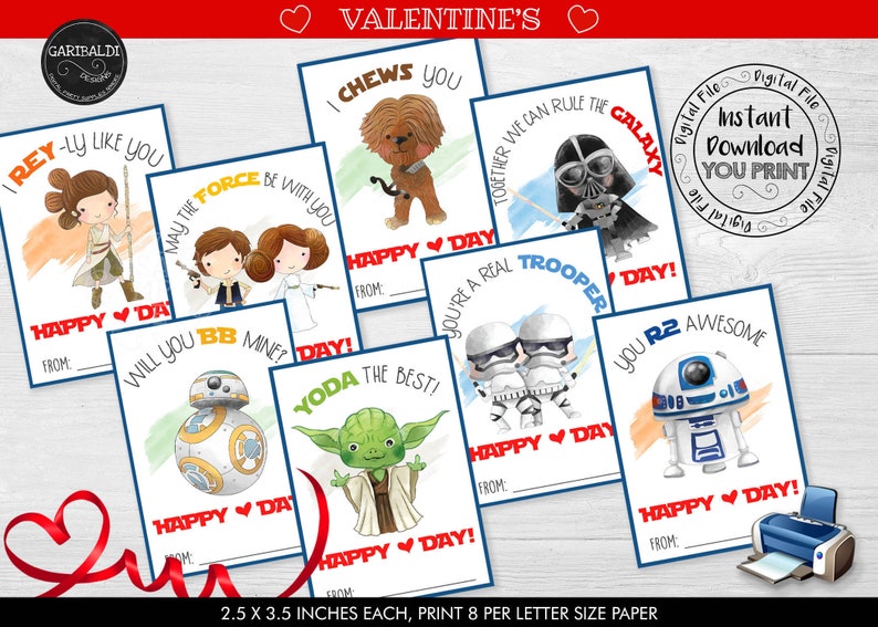 Printable Star Wars Valentine Cards Kids Valentine Cards School Valentine Cards Class Valentine's Day Cards Star Wars Valentine's Day VL 