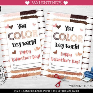 Printable Valentine you color my world Card Valentine&#39;s day Cards School Happy Valentine&#39;s Day Multicultural Skin Color Crayon Favor Tag VL