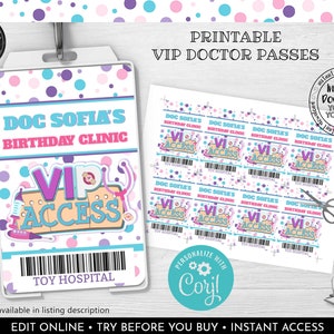 Editable Doctor Badges Instant download Doc Passes Doctor Birthday Party Favor Tags Doctor Birthday Party Decorations Doc Party Supplies DMS